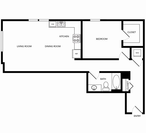 Floor plan for 1 bed, 1 bath, 727 sqft